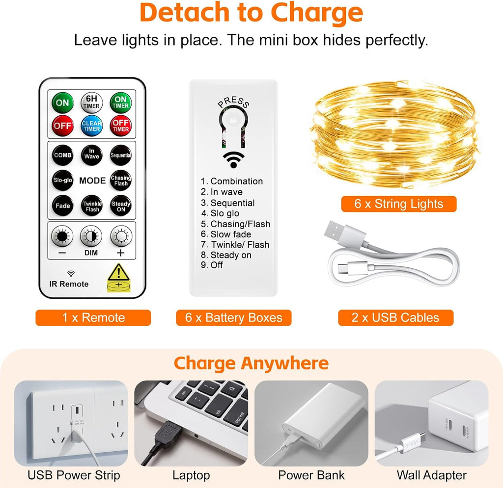 6 Pack Rechargeable Fairy Lights,7ft 20LEDs, Remote & DIY Timer