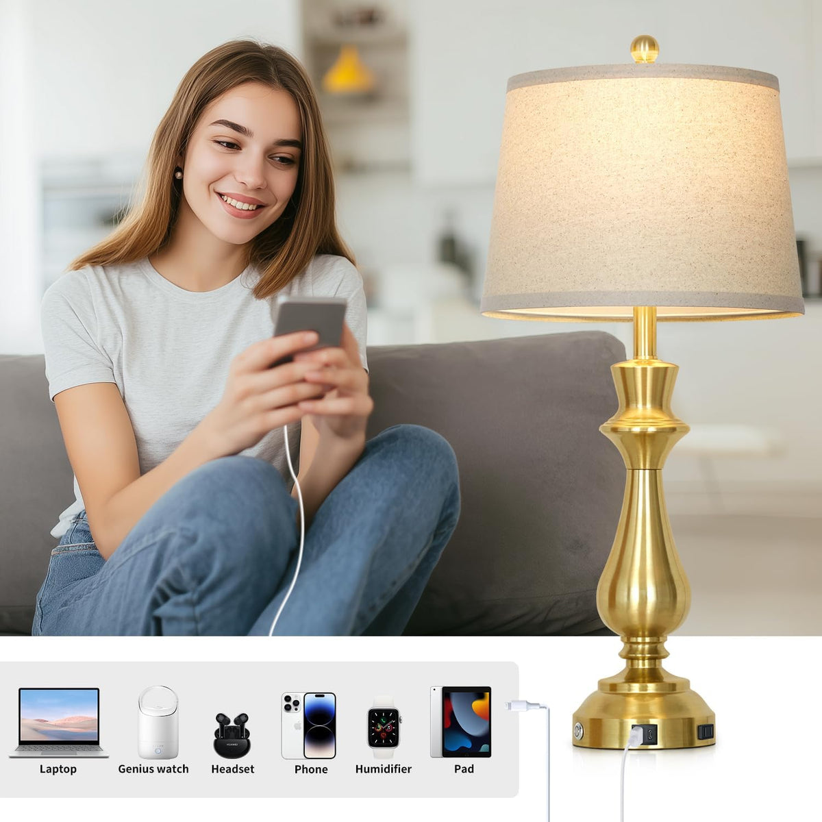 Modern Gold Table Lamps Set of 2 for Living Room,30" Tall Bedside Lamp with USB Charging Port,3-Way Dimmable Touch Nightstand Lamp for Bedroom Desk Side Table Office,Gold