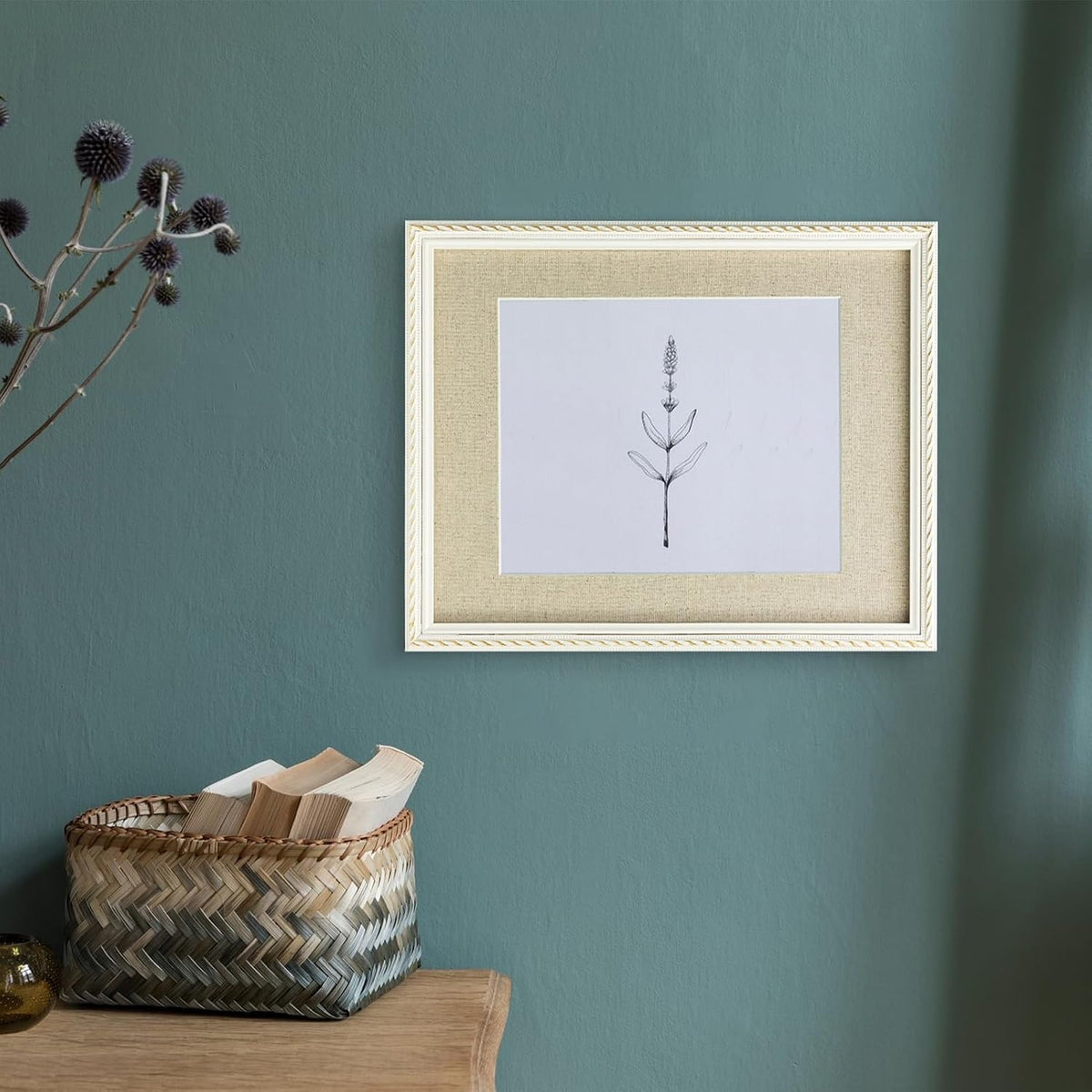 11x14 Picture Frame Pine Wood with Real Glass, Gold-Toned Synthetic Rope Edging, Linen Matted to 8x10, Vertical and Horizontal for Wall Hanging, White