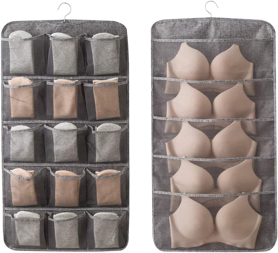 Bseash Enlarged Closet Hanging Bra Organizer with Rotating Metal Hanger, Dual Sided Wall Shelf Wardrobe Mesh Pockets Hanging Storage Bag for Bra Socks Underwear Underpants