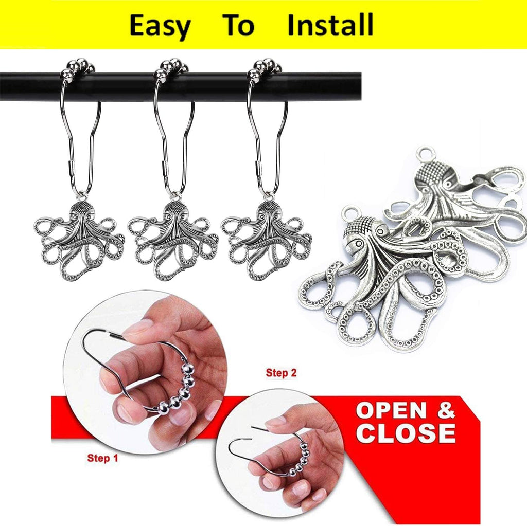 Set of 12 Octopus Shower Curtain Hooks Decorative Home Bathroom Squid Sea Creature Beast Stainless Steel Rustproof Brushed Nickel Rings with Octopus Decorative Accessories (Silver)