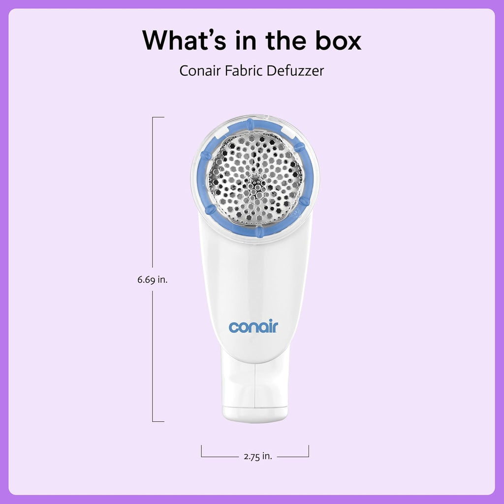 Conair Fabric Shaver and Lint Remover, Battery-Operated Portable Clothes Shaver with 3 Settings, Fuzz Remover for Sweaters, Clothing and Furniture, Large 2-Inch Shaving Head, White