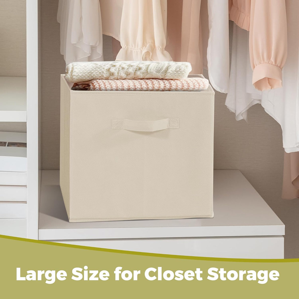11x11 Storage Bins, Set of 10 Storage Cubes, Collapsible Cube Storage Bins, Fabric Closet Organizers with Handles for Home, Office, Closet Shelf Cabinet, Bookcase, Beige