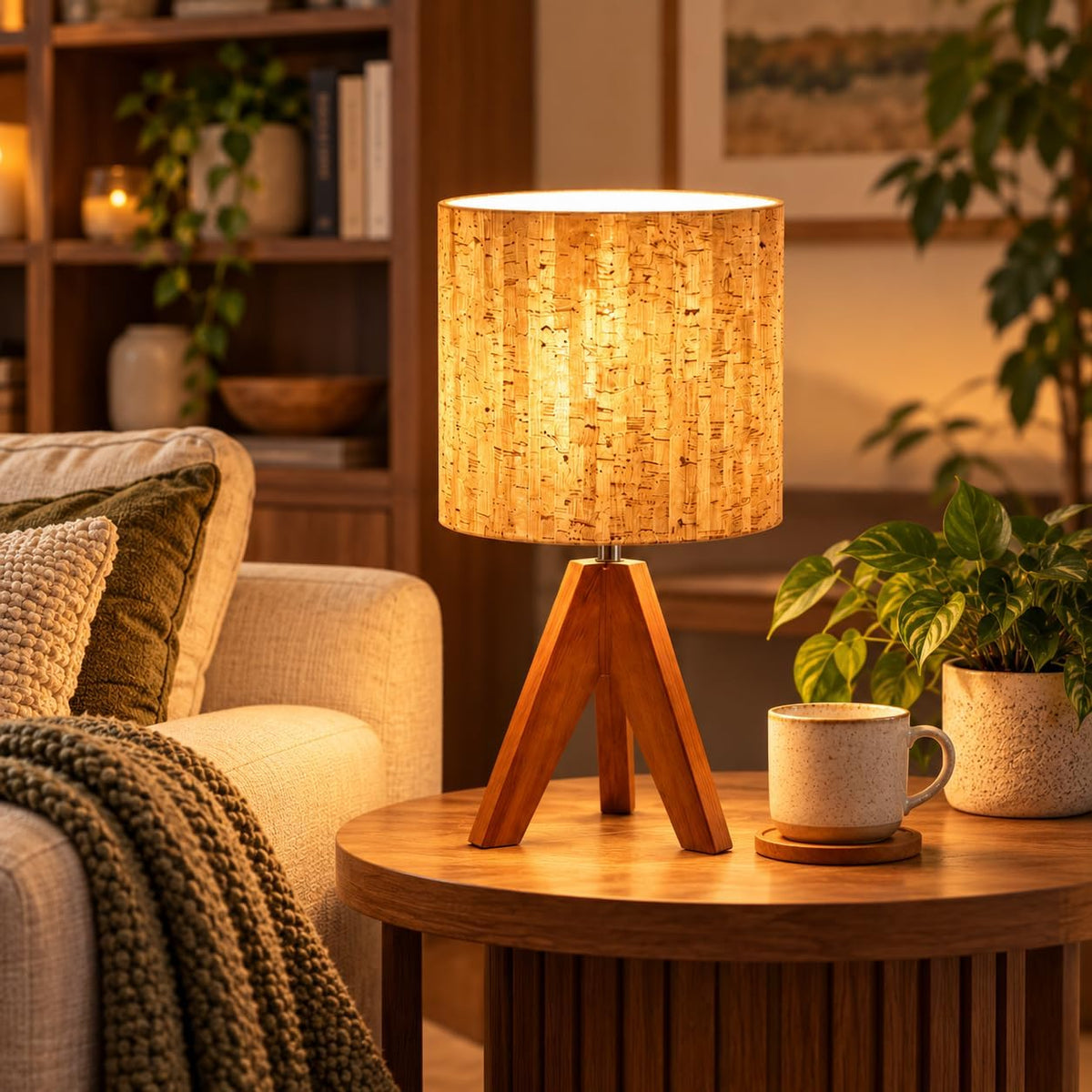 Natural Wood Tripod Table Lamp for Bedroom Nightstand