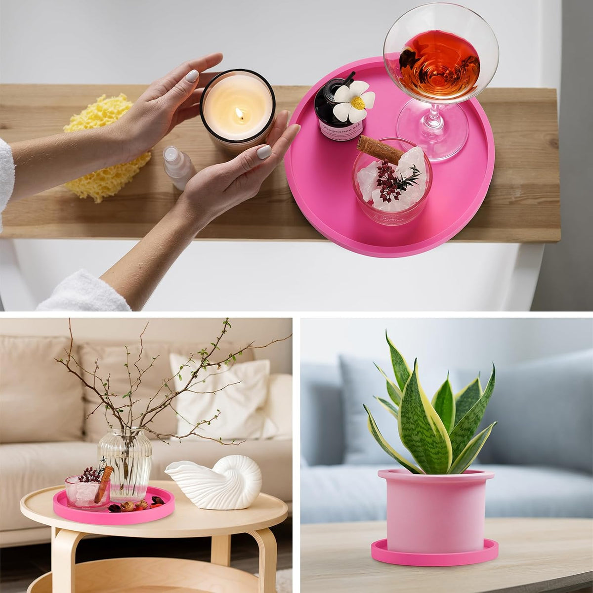 NiHome Silicone Bathroom Vanity Tray Round Perfume Organizer, Hot Pink