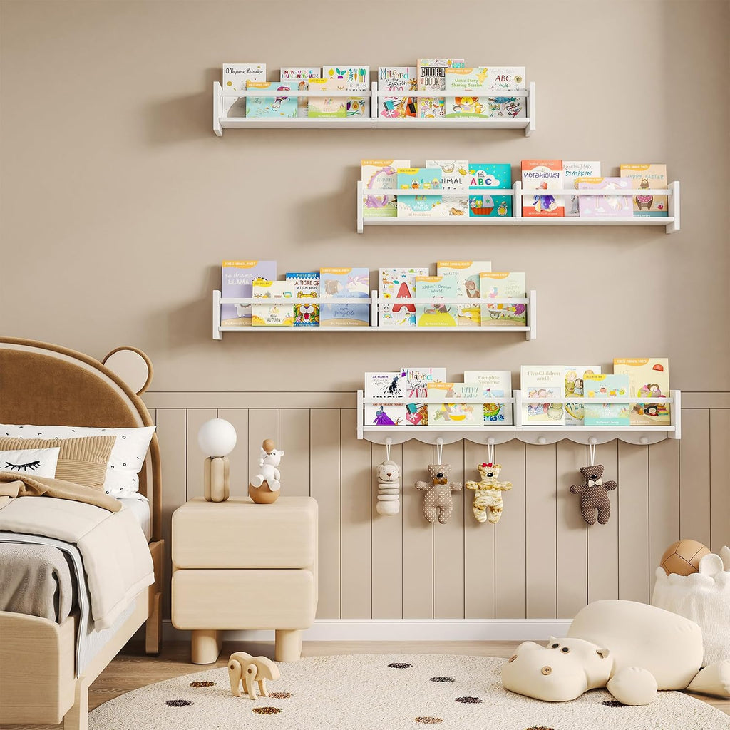 34Inch Nursery Bookshelves,Set of 4,Wall Floating Shelf Kids Coat Rack with 6Hooks,Hanging Book Shelf for Baby Nursery Room Décor ，Patent Number: 29958098(White, 34)