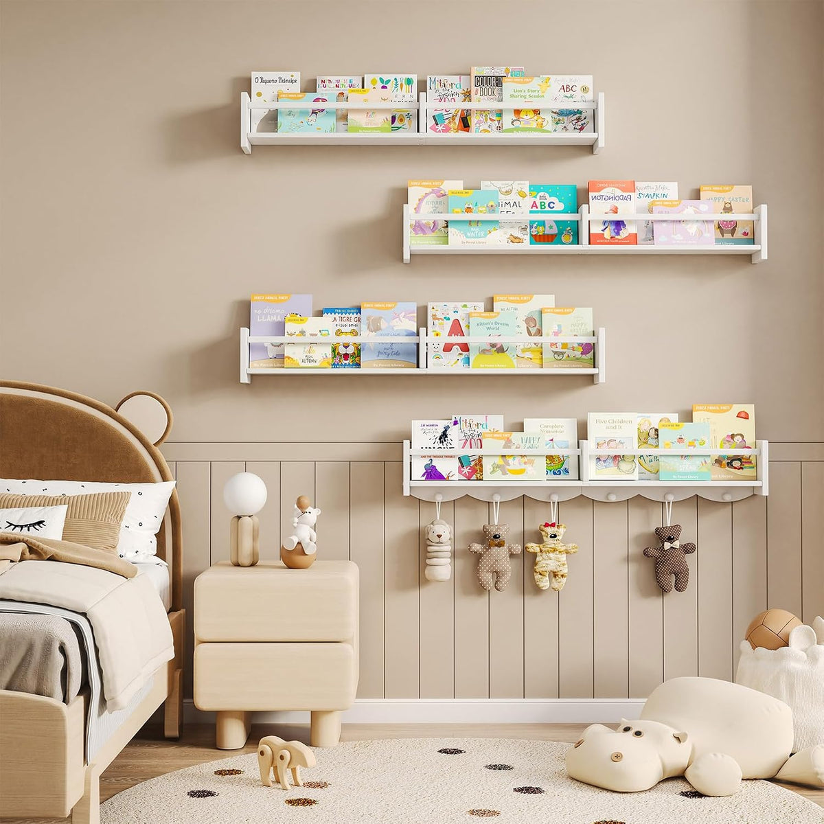 34Inch Nursery Bookshelves,Set of 4,Wall Floating Shelf Kids Coat Rack with 6Hooks,Hanging Book Shelf for Baby Nursery Room Décor ，Patent Number: 29958098(White, 34)