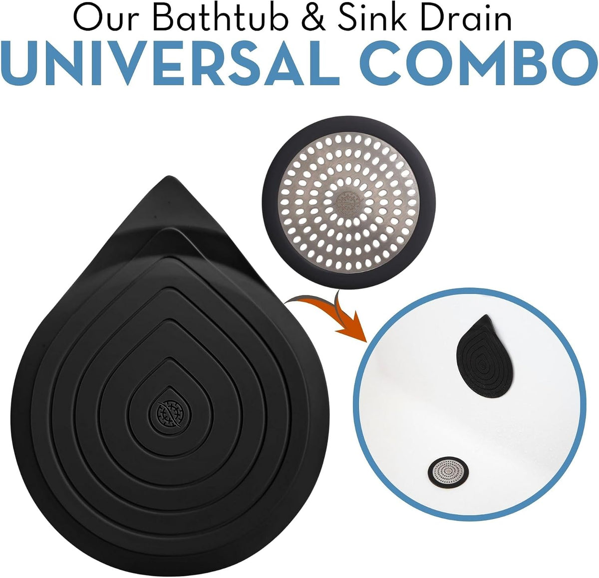 Drain Hair Catcher & Stopper Combo – Tub ShowerRing + StopRing Set for Bathtub & Sink | Stainless Steel Strainer + Silicone Drain Plug | Clog-Free, Universal Fit (Black, 2 Pack)