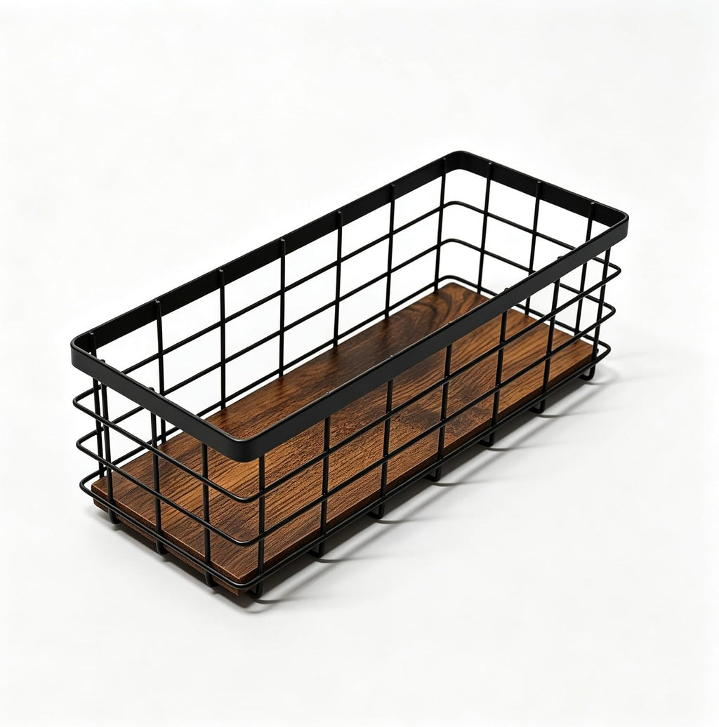 Small Black Metal Wire Storage Basket with Wood Base (Black+Brown, 1 Pack)