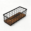 Small Black Metal Wire Storage Basket with Wood Base (Black+Brown, 1 Pack)