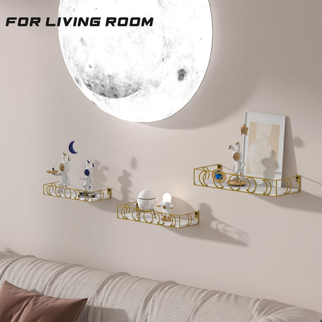 Moon Phase Wall Shelf, 3 Gold Side White Base Floating Shelves