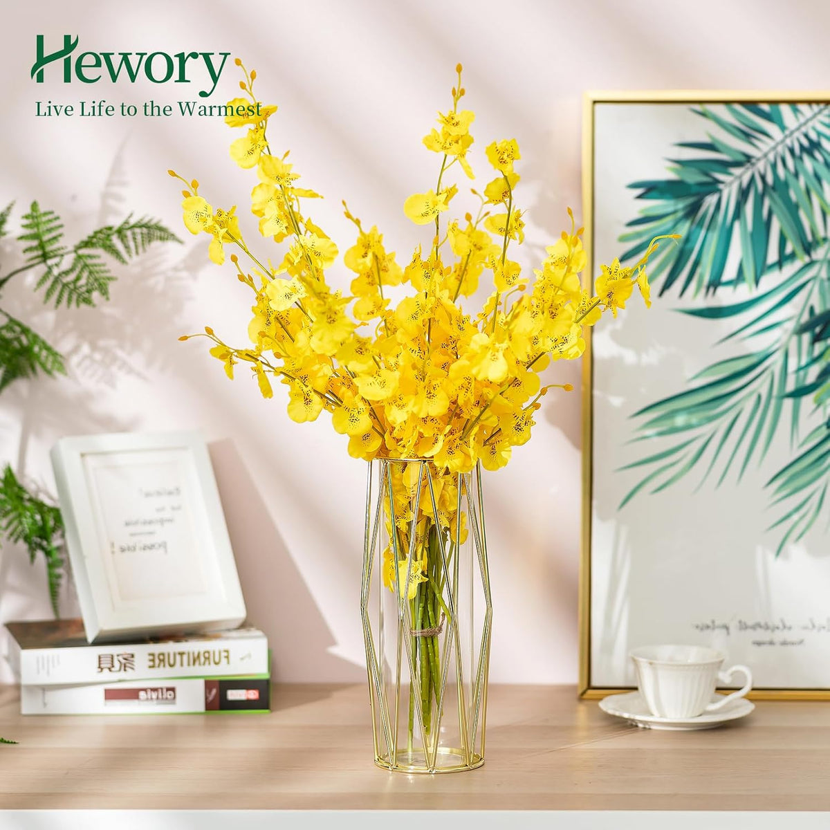 Gold Modern Flower Vases for Centerpieces – Hewory 11Inch Glass Vase with Metal Stand Set of 2, Wide Big Tall Geometric Vases for Flowers, Flower Holders for Wedding Home Decor (Large,2pcs)