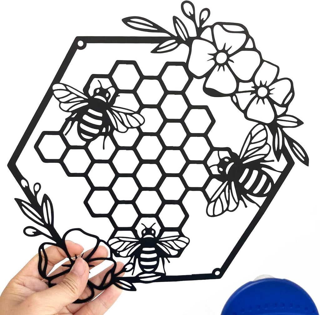 Yuzhuo Metal Bee Wall Art - Farmhouse Honey Bees and Hives with Flowers - Black