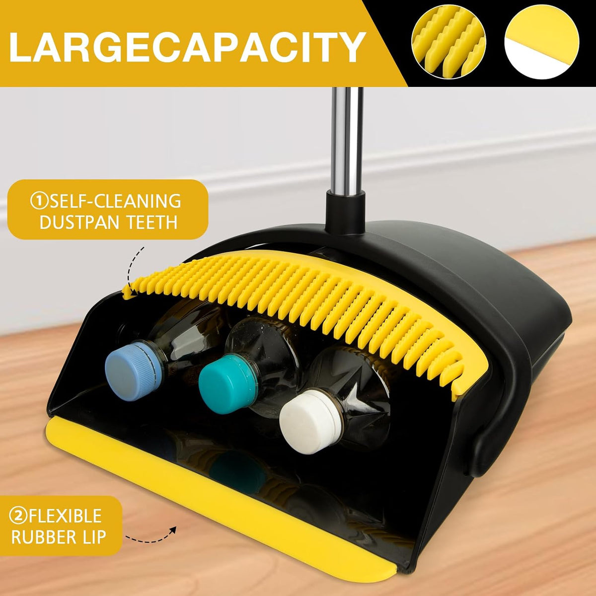 Broom and Dustpan Set,Long Handle,Black Yellow