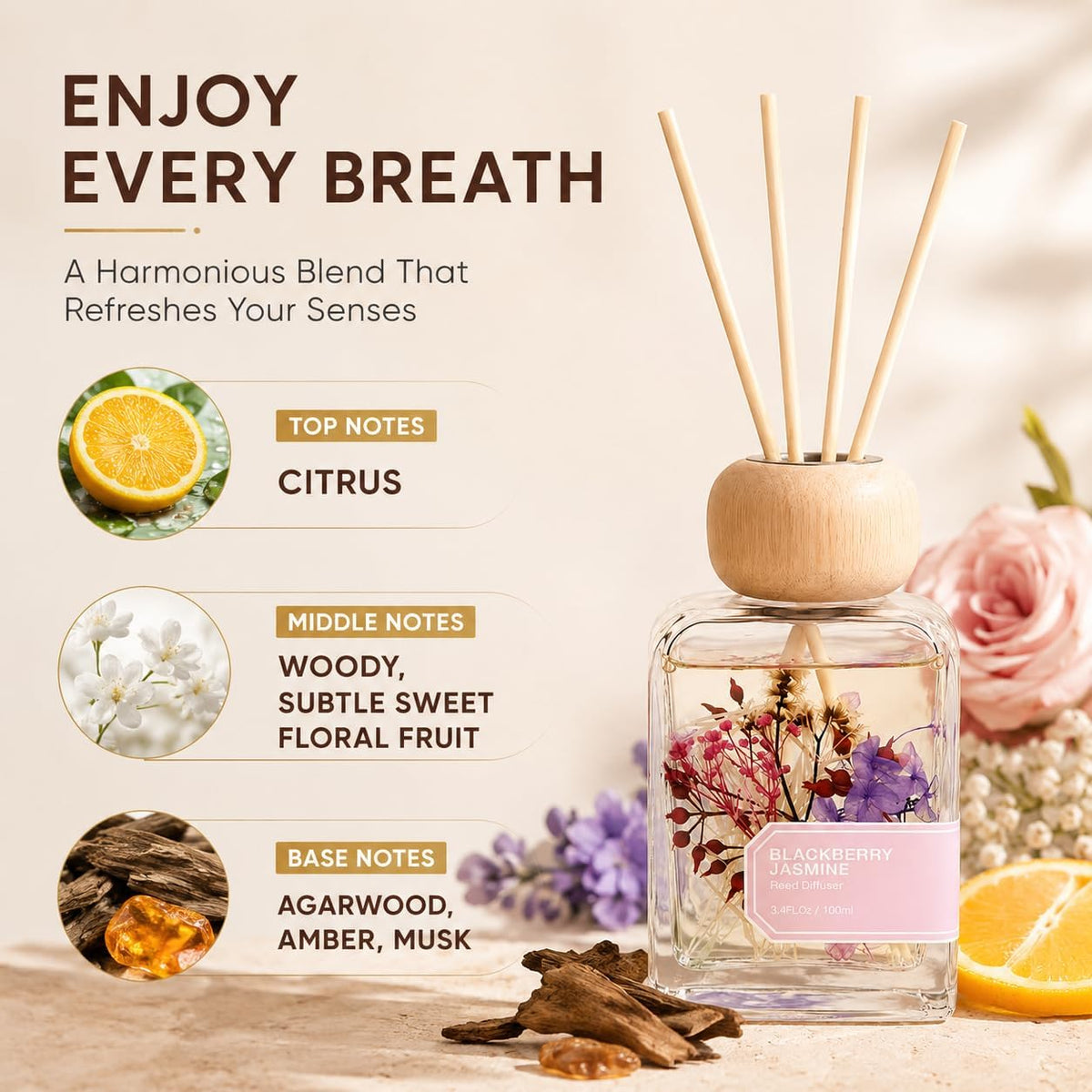 BlackBerry Jasmine Reed Diffuser, 3.4fl oz Room Diffuser Gift Box