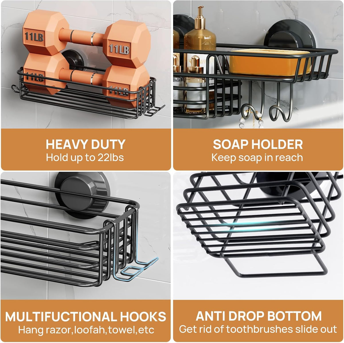 LEVERLOC Shower Caddy Suction Cup, 3 Pack Black Shower Shelf With Hook