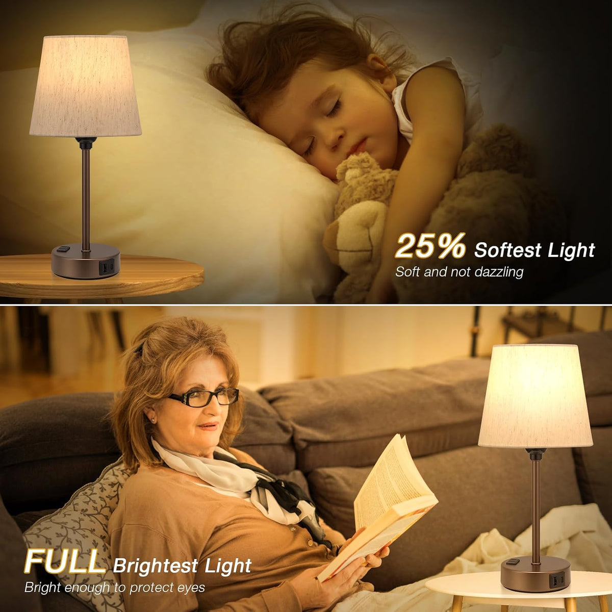 Brown Bedside Lamps Set 2 for Bedroom - Dimmable Touch, USB C+A, AC Outlet