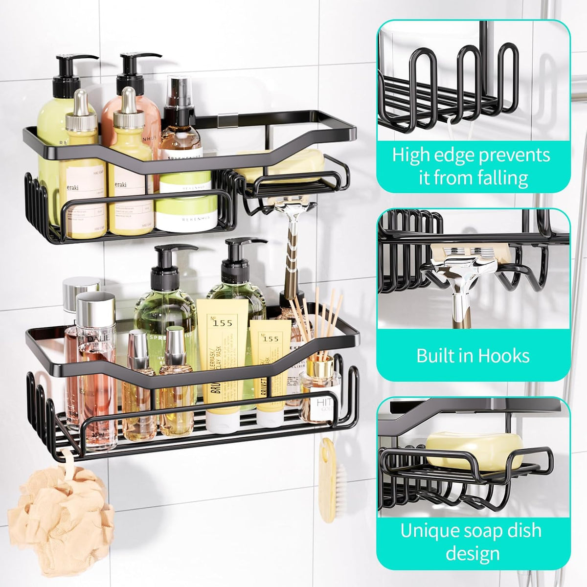HapiRm Storage Shower Shelves, Shower Caddy organiser with 11 Hooks, Shelf with Razor Holder,Soap Dish,Towel Hook Bathroom Accessories Black,3 Sticker,2 pcs