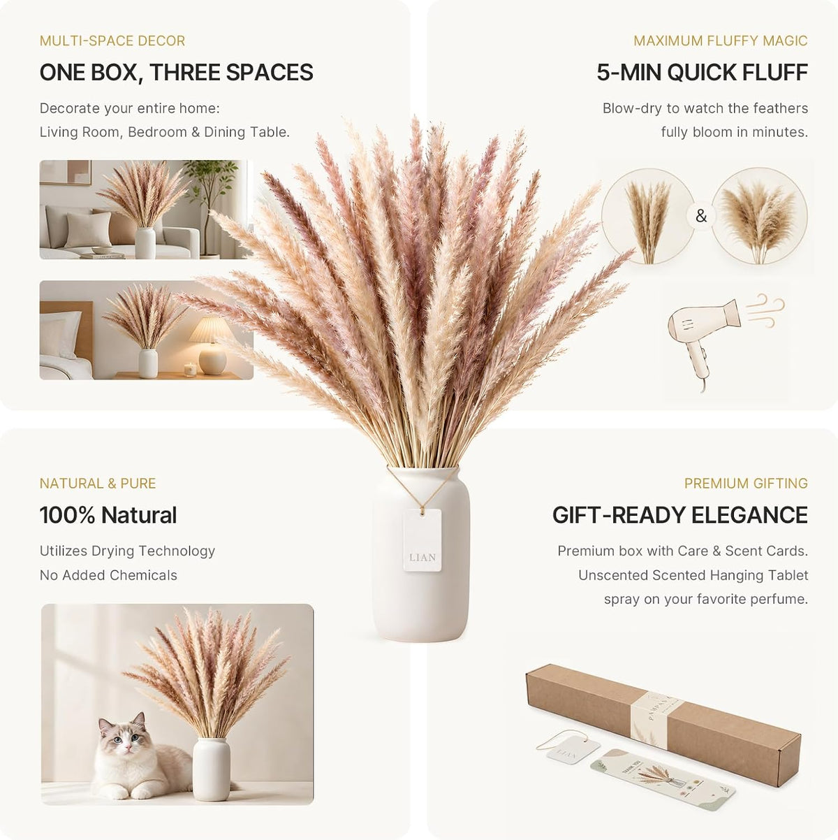 LIAN 100 Pcs Natural Brown Small Pampas Grass, Dried Reeds Bouquet for Home