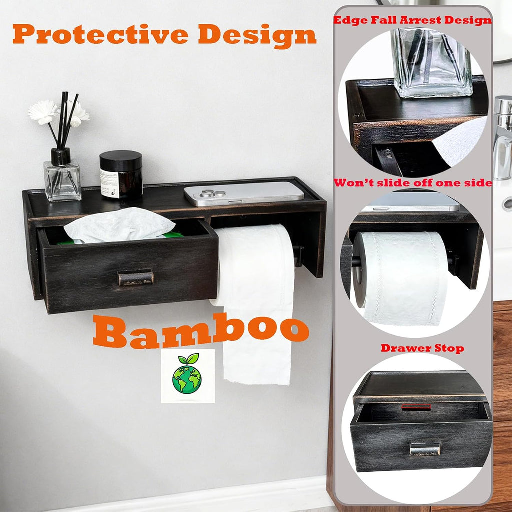 Large Bamboo Toilet Paper Holder with Shelf & Wet Wipes Storage Drawer