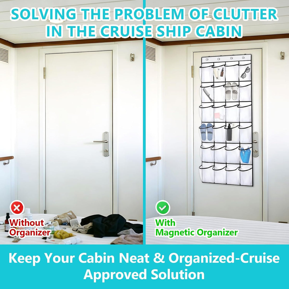 Esoes Cruise Ship Magnetic Door Organizer, 24 Pockets Magnetic Behind the Door Shoe Rack-4 Strong Anti-Scratch Magnets, Over the Door Organizer Cruise Essentials Storage for Cruise Cabin Travel