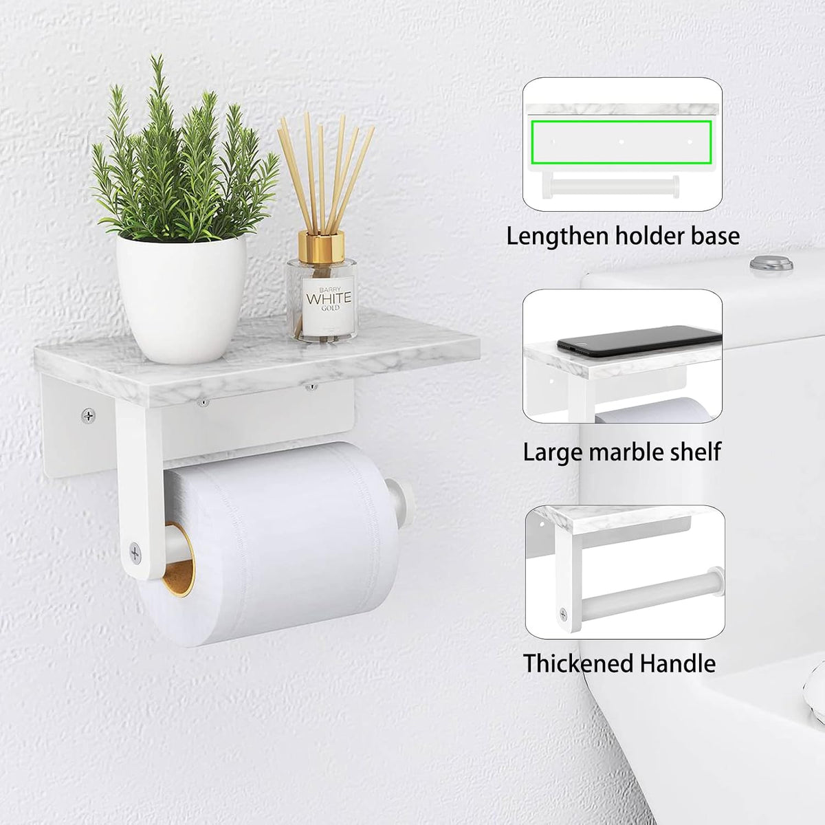 Gypie Toilet Paper Holder with Marble Shelf, Wall Mounted White