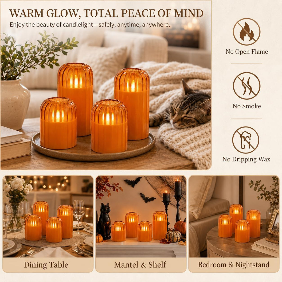 Fall Decorations for Home, Orange Glass Flameless Candles with Remote & Timer, Set of 4 Real Wax LED Pillar Candles with Dancing Flickering Flame, 3" x 4"/5", Halloween Thanksgiving Christmas Decor