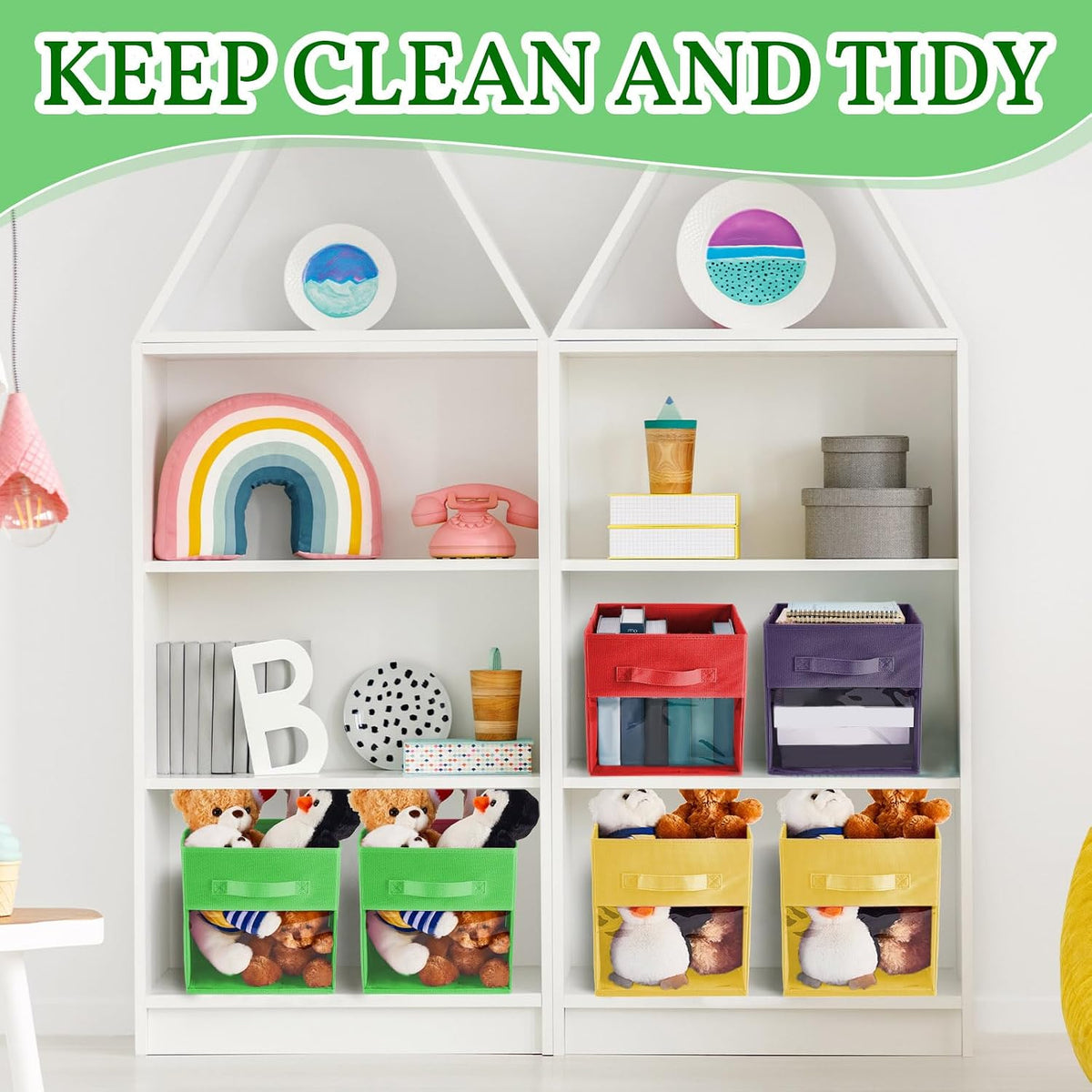 Marsui 8 Pcs Cube Storage Bins with Clear Window 11'' Daycare Storage Cube Organizer Bins for Closet Kid Nursery Playroom with Handle Fabric Collapsible Storage Cubes(Red, Yellow, Dark Blue, Green)