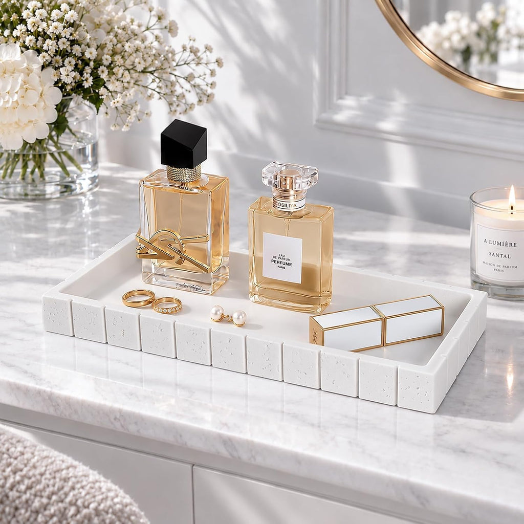 Decorative Bathroom Tray for Counter Stone Perfume Tray for Vanity, White
