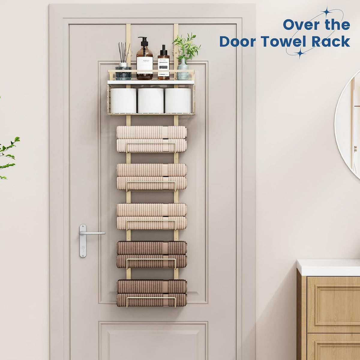 Aetyord Towel Racks for Bathroom Over The Door Towel Racks Towel Storage Organizer with Metal Shelf Basket for Bathroom Rv Camper (7-Tier Gold)