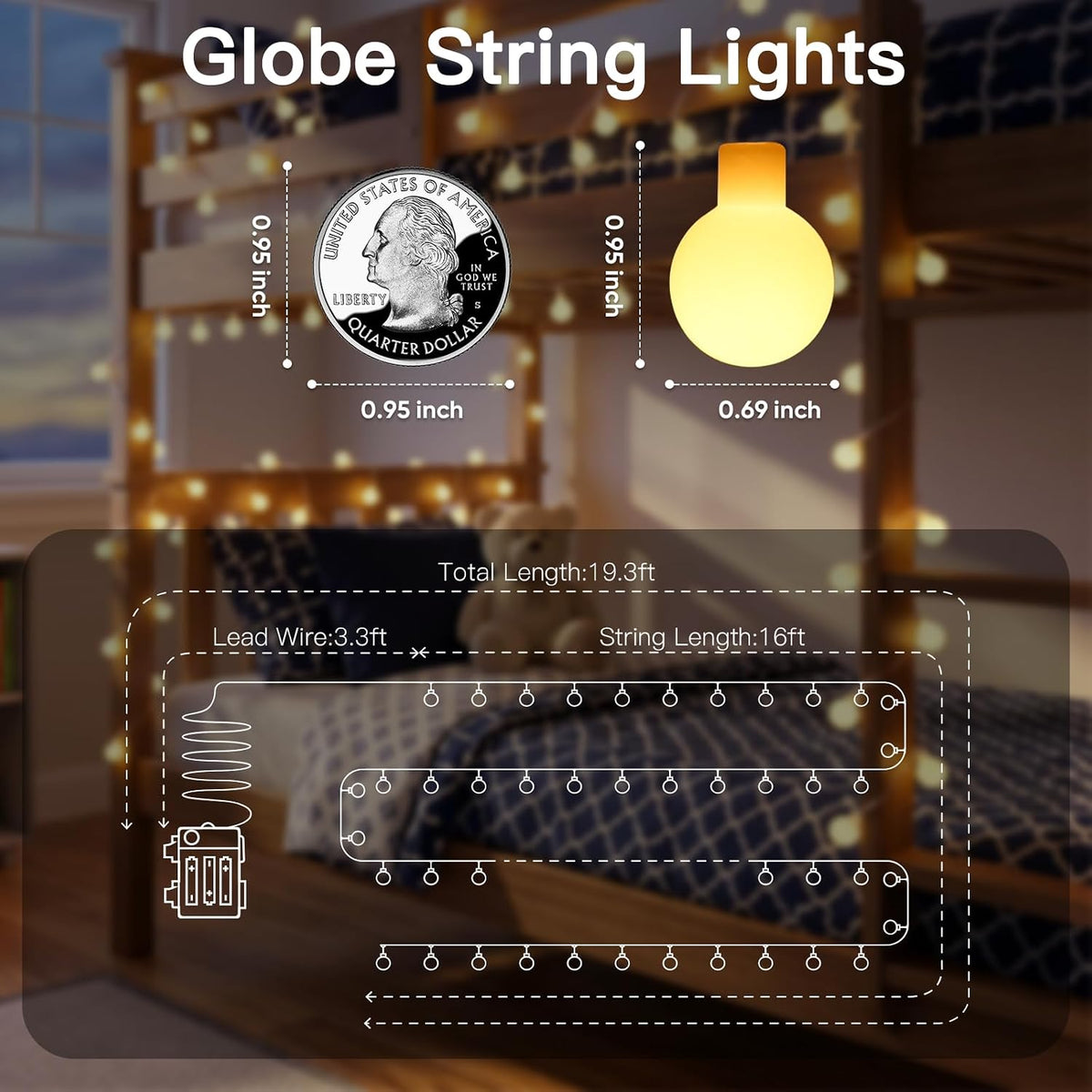 suddus 50 LED Globe String Lights Battery Operated with Remote Warm White