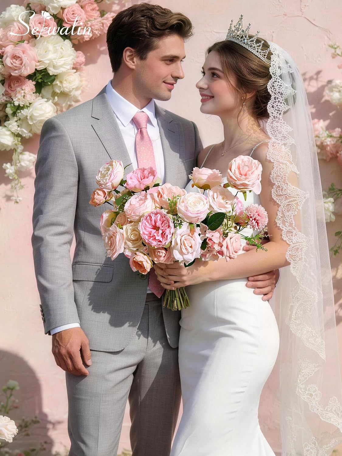 Serwalin 2PCS Artificial Flowers Pink Flowers Fake Silk Flowers for Wedding