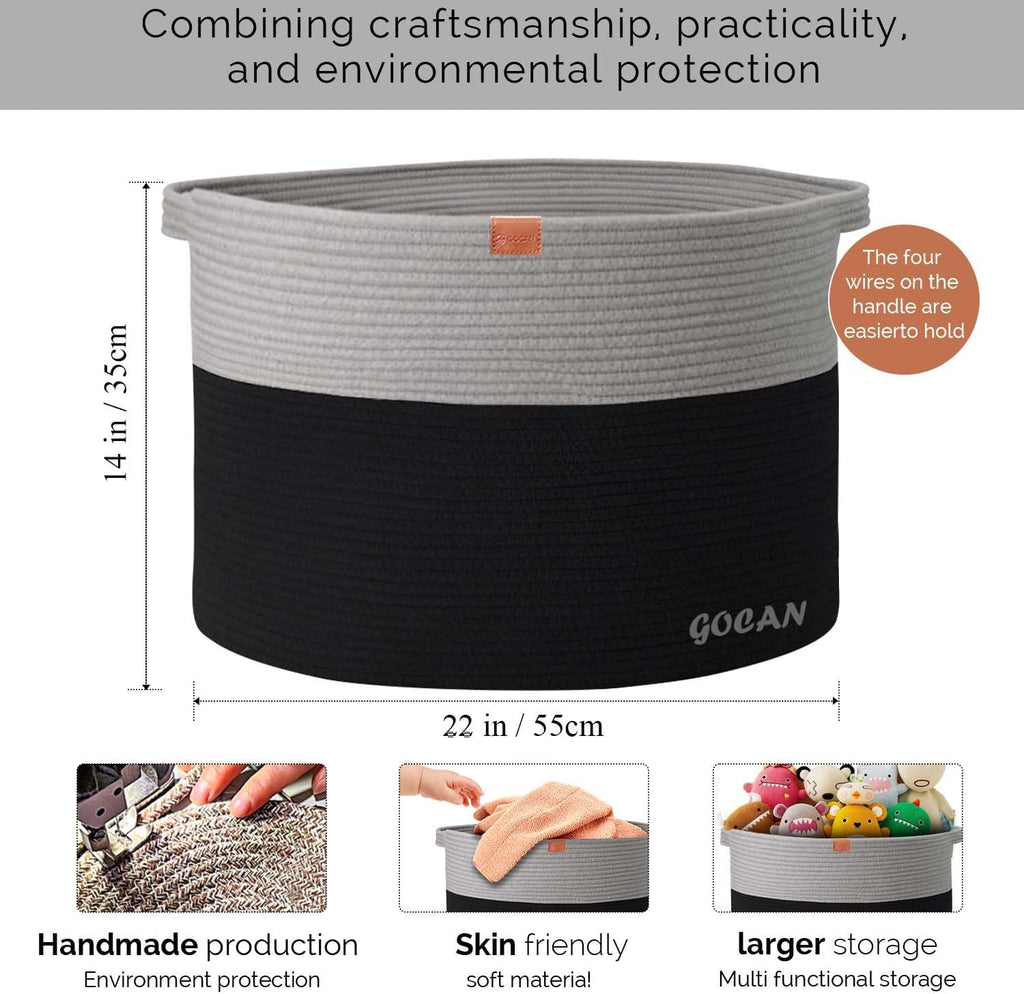 Cotton Rope Woven Laundry Basket 22"X 22"X 14" with handles(Black-Grey)XXXL