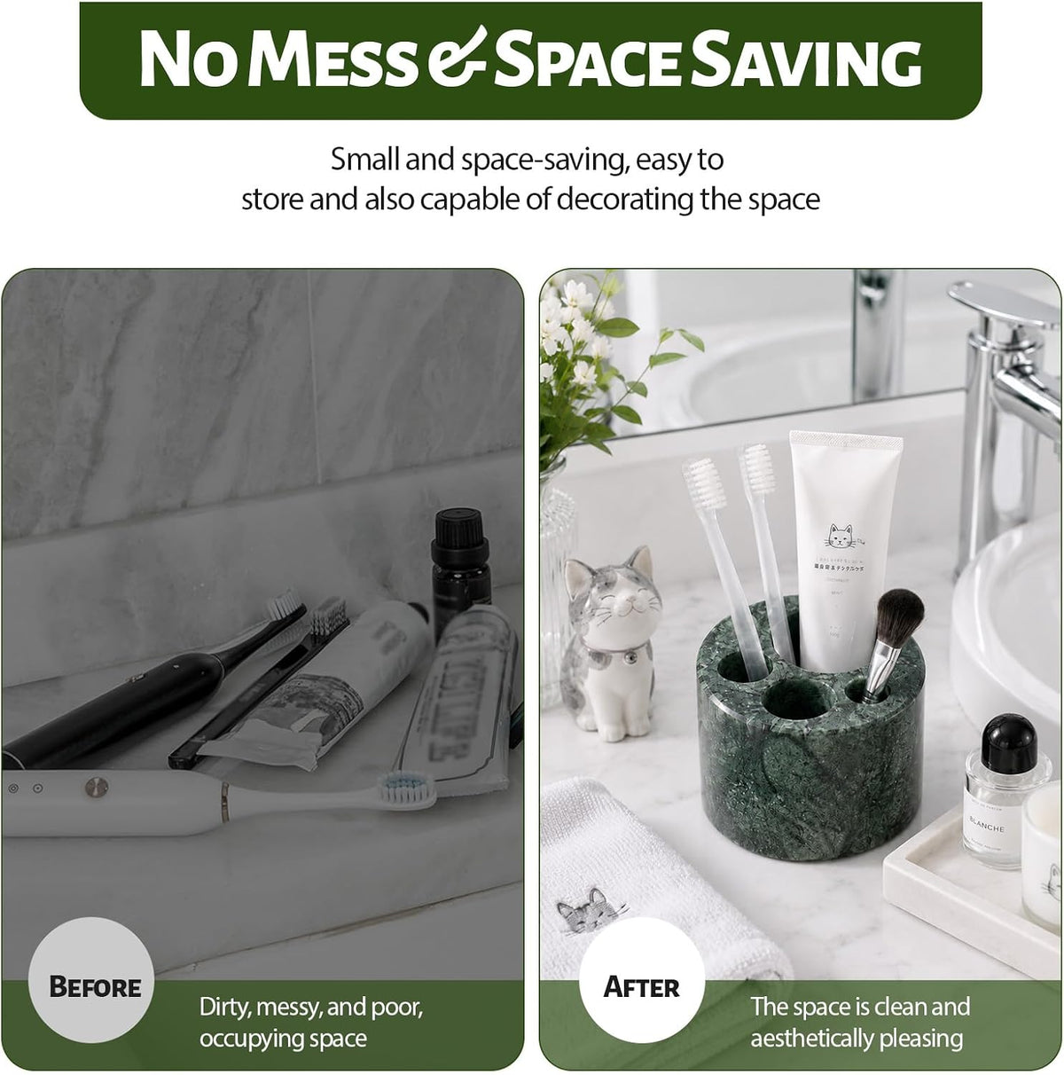 BCS Toothbrush Holder for Bathrooms, Cute 4 Slots Open-Bottom Marble Toothbrush and Toothpaste Holder Stand Bathroom Organizer Countertop for Electric Toothbrush, Floss, Razor, Comb - Indian Green