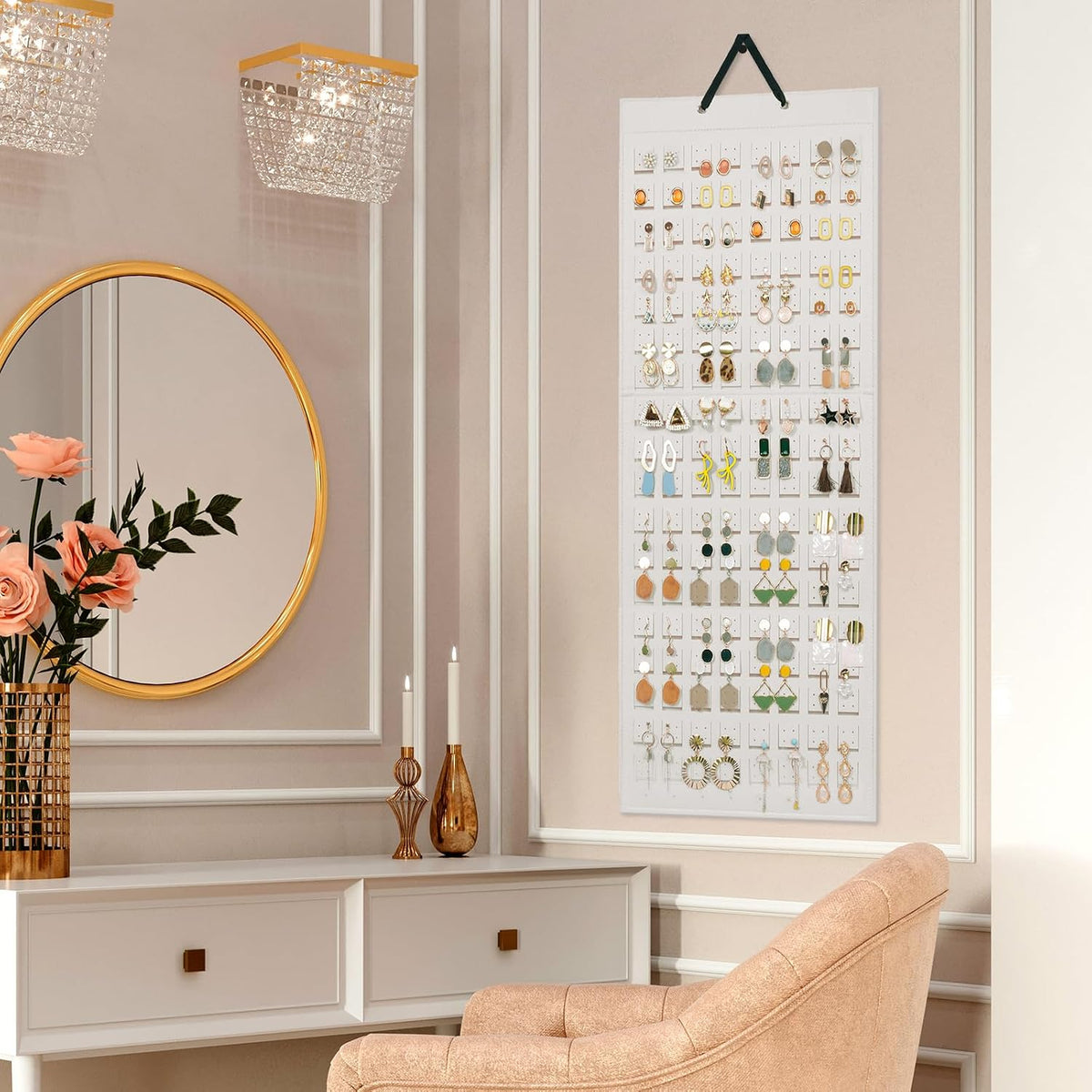 Lolalet Hanging Earring Holder Organizer with 20 Hooks for Women, Earring Organizer Wall Earrings Hanger Pierced Earring Storage, Felt Stud Earring Display, 608 Holes for Earrings- Beige, 1 Pack