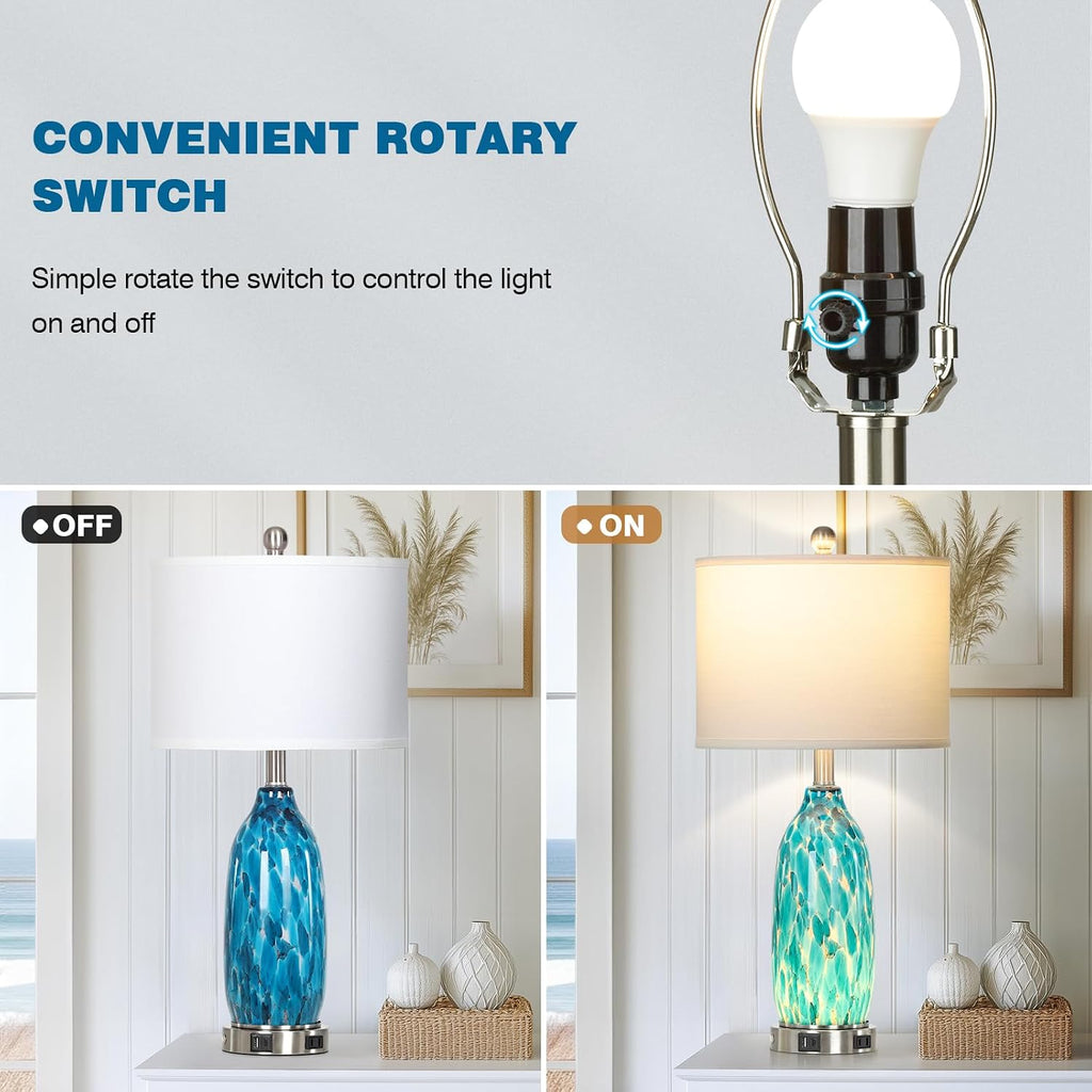 Rinweey 26" Peacock Green Glass Table Lamps Set of 2,Coastal Nautical Bedside Lamps with USB Ports & AC Outlet,Lamparas Elegantes para Cuarto with Night Light for Bedroom Living Room Decoration