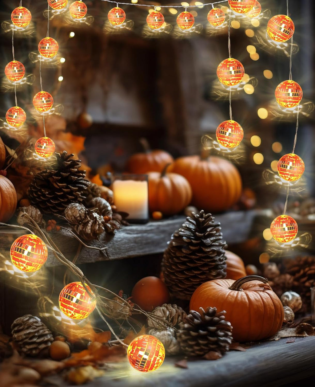 AceList Orange Disco Ball Decor 20 LED 9.8Ft String Light - Battery Powered and USB Plug, Fall Decor for 70's Party Decorations and Bachelor Birthday Parties, Mamma Mia
