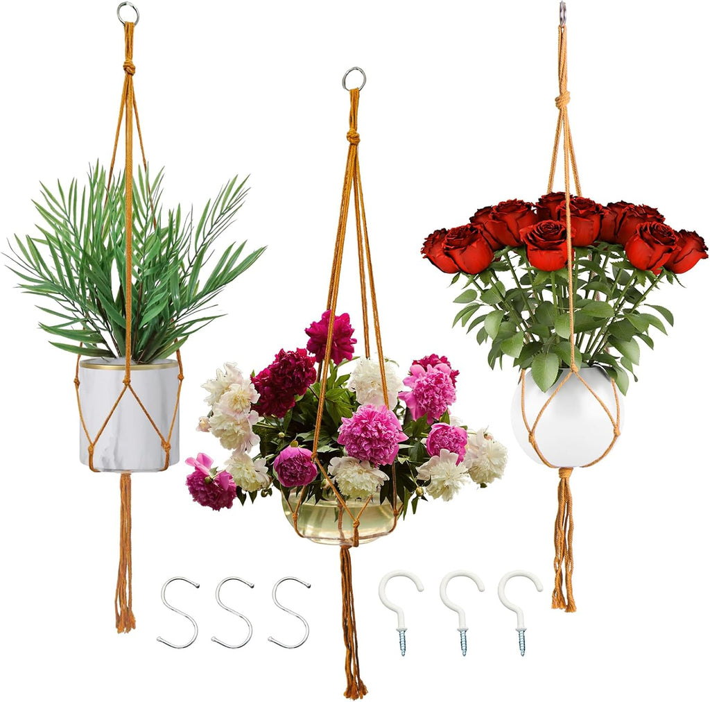 Macrame Plant Hangers Planter Flower Pots Holder 3 Pack Basket Stand Tassels with 6 Hooks Kit Cotton Rope for Decorative Indoor Outdoor Patio Garden Boho Home Décor (POTS NOT Included) (BROWN)