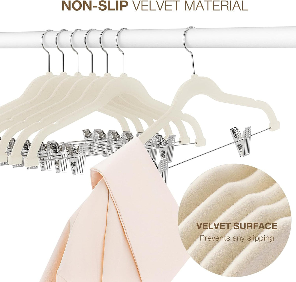 Korpai 24-Pack Beige Velvet Hangers with Clips Adjustable,Adult Hangers,Outfit Hangers,Heavy-Duty,Non-Slip,Space Saving, Felt Hanger for Pants, Skirts, Suits,Coats, Dresses ect.