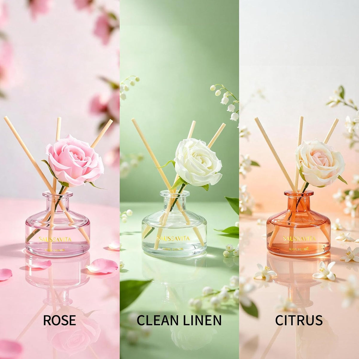 Reed Diffuser Set 3 Pack Rose Clean Linen Citrus Scented Air Freshener, Reed Diffusers for Home 3.38oz Each, Long Lasting Home Fragrance for Home Bathroom Office Decor, Women Birthday