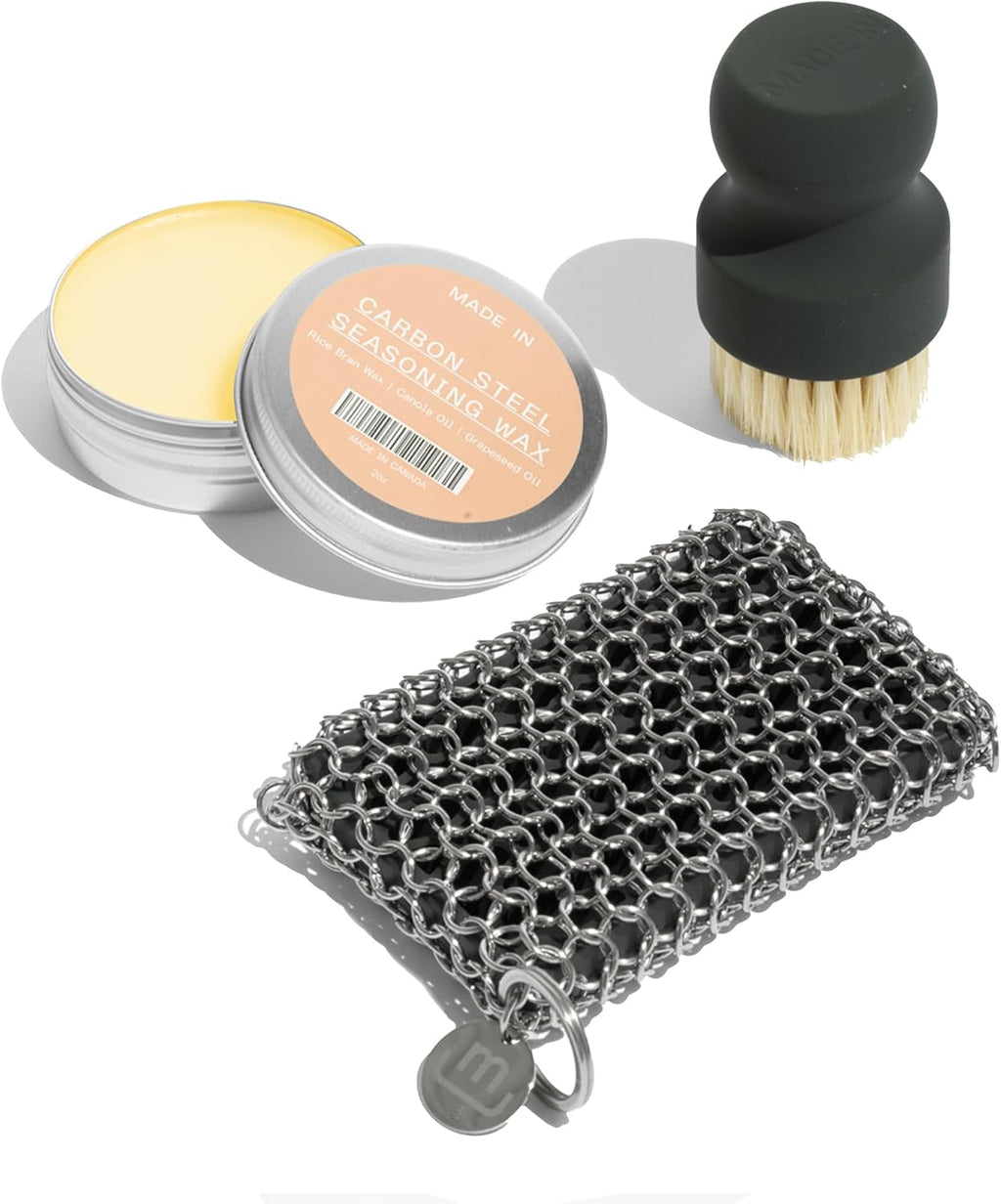 Made In Cookware - 3-Piece Carbon Steel Cleaning Set - Includes Chain Mail Scrubber, Cleaning Brush and Carbon Steel Seasoning Wax