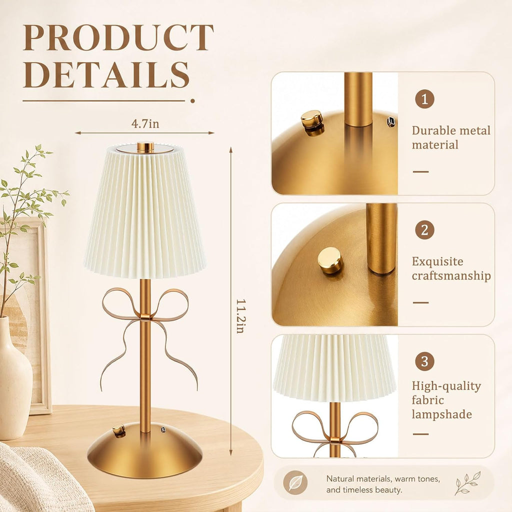 Liliful 2 Pcs Cordless Table Lamp LED Touch, Gold, Beige Cloth Style Bow