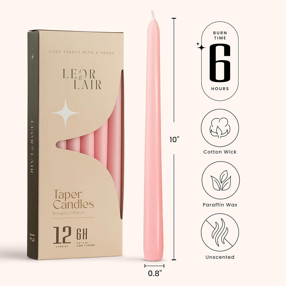 Leor & Lair Light Pink Taper Candles, 12 Pack, 10 Inch, Unscented