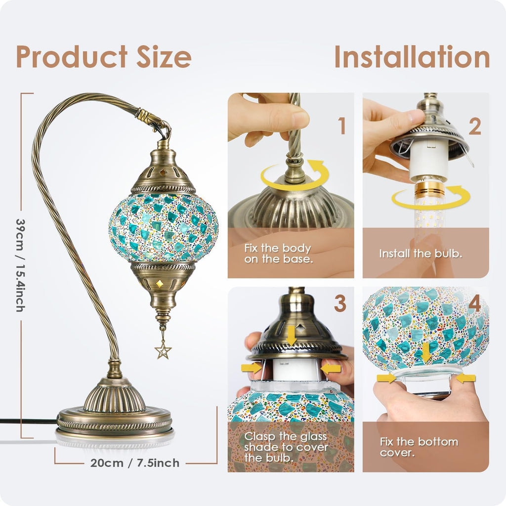 Yarra-Decor Turkish Moroccan Lamp with Bronze Base 3 Color Options Handmade Swan Neck Mosaic Glass Bedside Lamps for Bedroom (LED Bulb Included)(Colorful4)