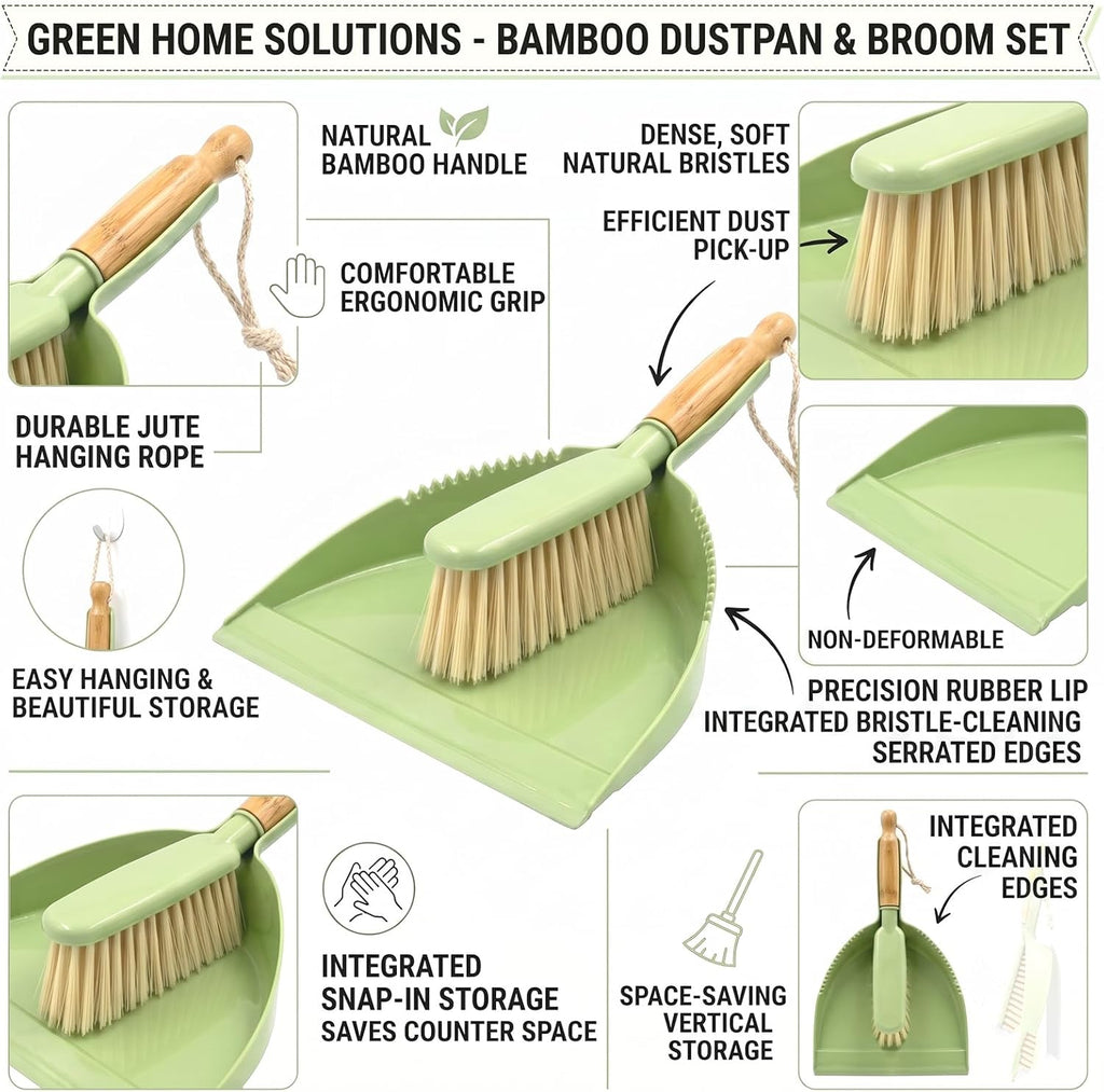 Dust Pan and Brush - Hand Broom Dustpan Set, Broom with Dustpan Como Set, Dustpan and Brush Set for Pet, Car, Dorm, Comping (Green)