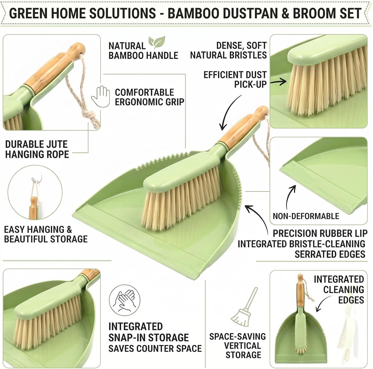 Dust Pan and Brush - Hand Broom Dustpan Set, Broom with Dustpan Como Set, Dustpan and Brush Set for Pet, Car, Dorm, Comping (Green)