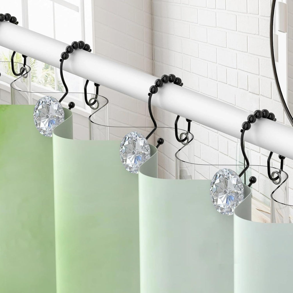 Goowin Shower Curtain Hooks, Crystal Shower Curtain Rings, Stainless Steel Black Shower Curtain Hooks, Metal Shower Curtain Hangers, Decorative Double Shower Hooks for Shower Curtain & Liner, Black