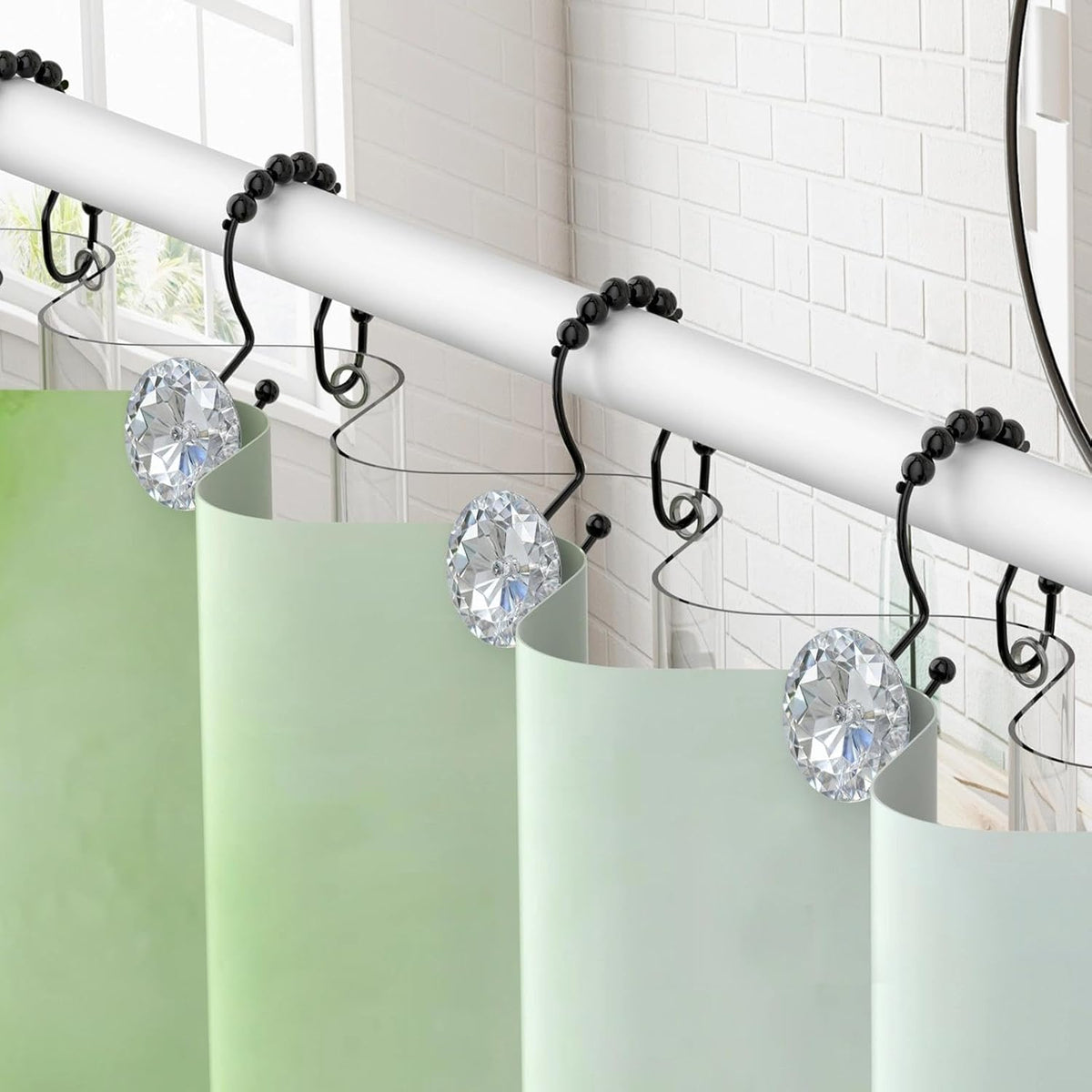 Goowin Shower Curtain Hooks, Crystal Shower Curtain Rings, Stainless Steel Black Shower Curtain Hooks, Metal Shower Curtain Hangers, Decorative Double Shower Hooks for Shower Curtain & Liner, Black