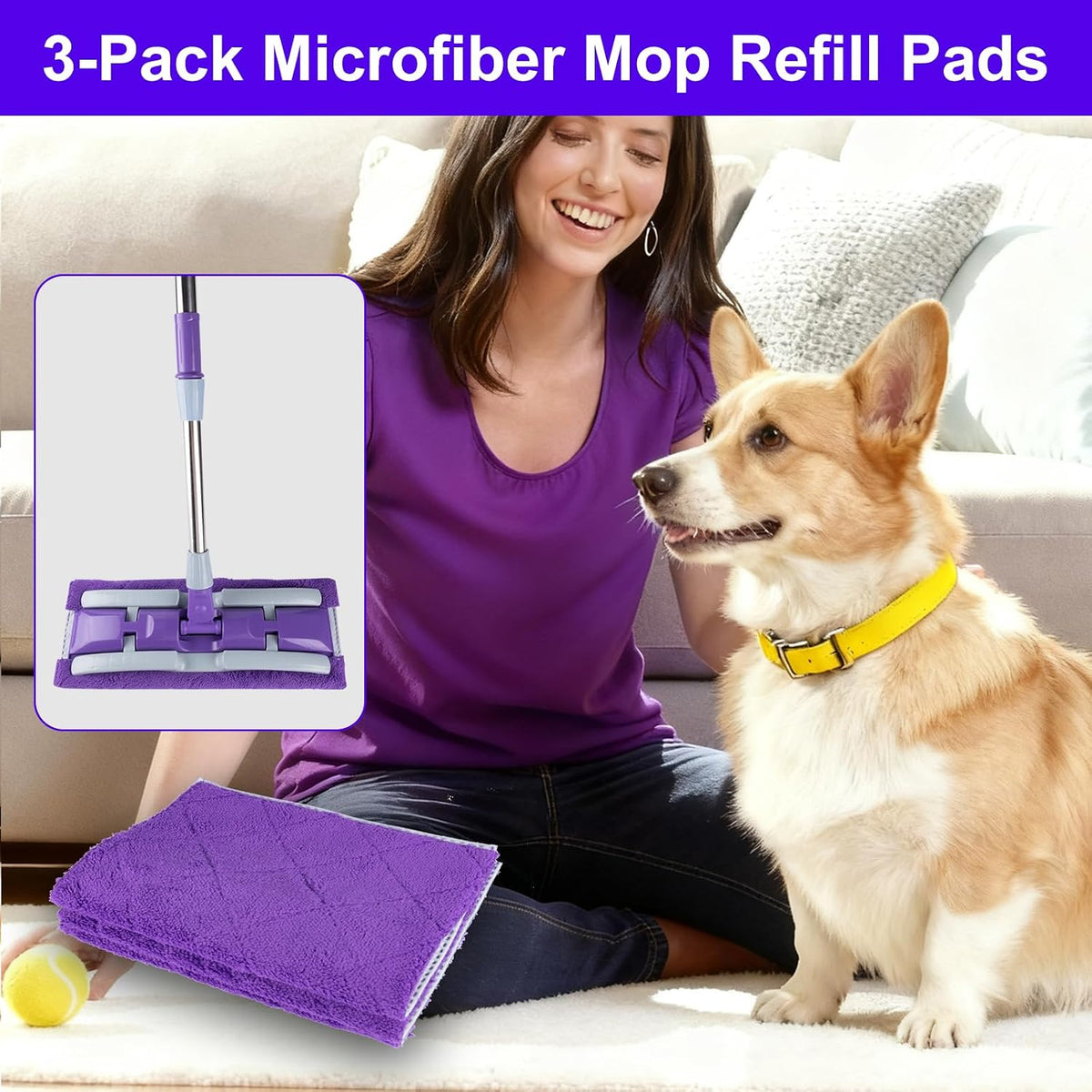 3-Pack Microfiber Mops Refill Pads for 14 Inch Mop (Purple)