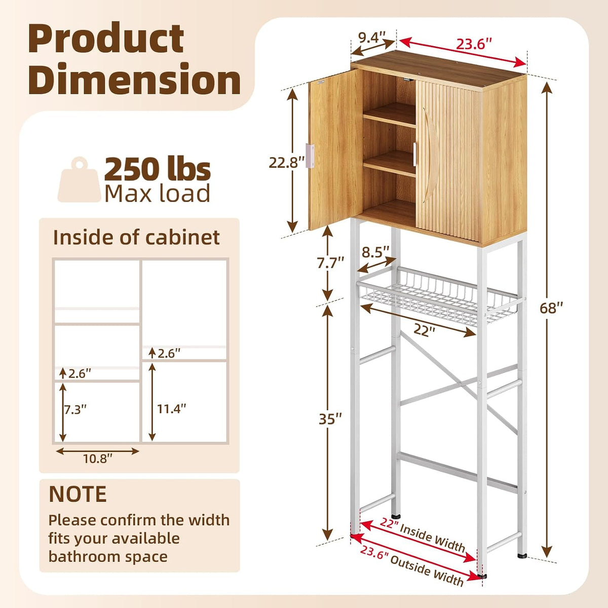 Kalrin Over The Toilet Storage Cabinet with Fluted Wave Doors and Adjustable Shelf, Wood Over Toilet Storage Rack with Drain Basket, Freestanding Bathroom Organizer for Balcony Laundry, Wood & White